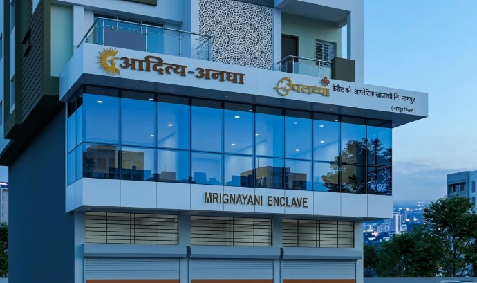 Nagpur's Modern Business Hub Discover Mrignayani Enclave, an innovative architectural landmark in Nagpur. Designed for synergy, this sophisticated multi-story building combines premier ground-floor retail spaces, state-of-the-art glazed offices, and luxury residential units, setting a new standard for connected urban living and commerce.