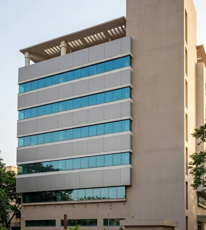 A detailed look at the new DMart Head Office in Thane, Maharashtra. This contemporary multi-story facility features a distinctive combination of horizontal ribbon windows and a textured, warm-toned facade, designed to optimize both interior space and street-level aesthetic.